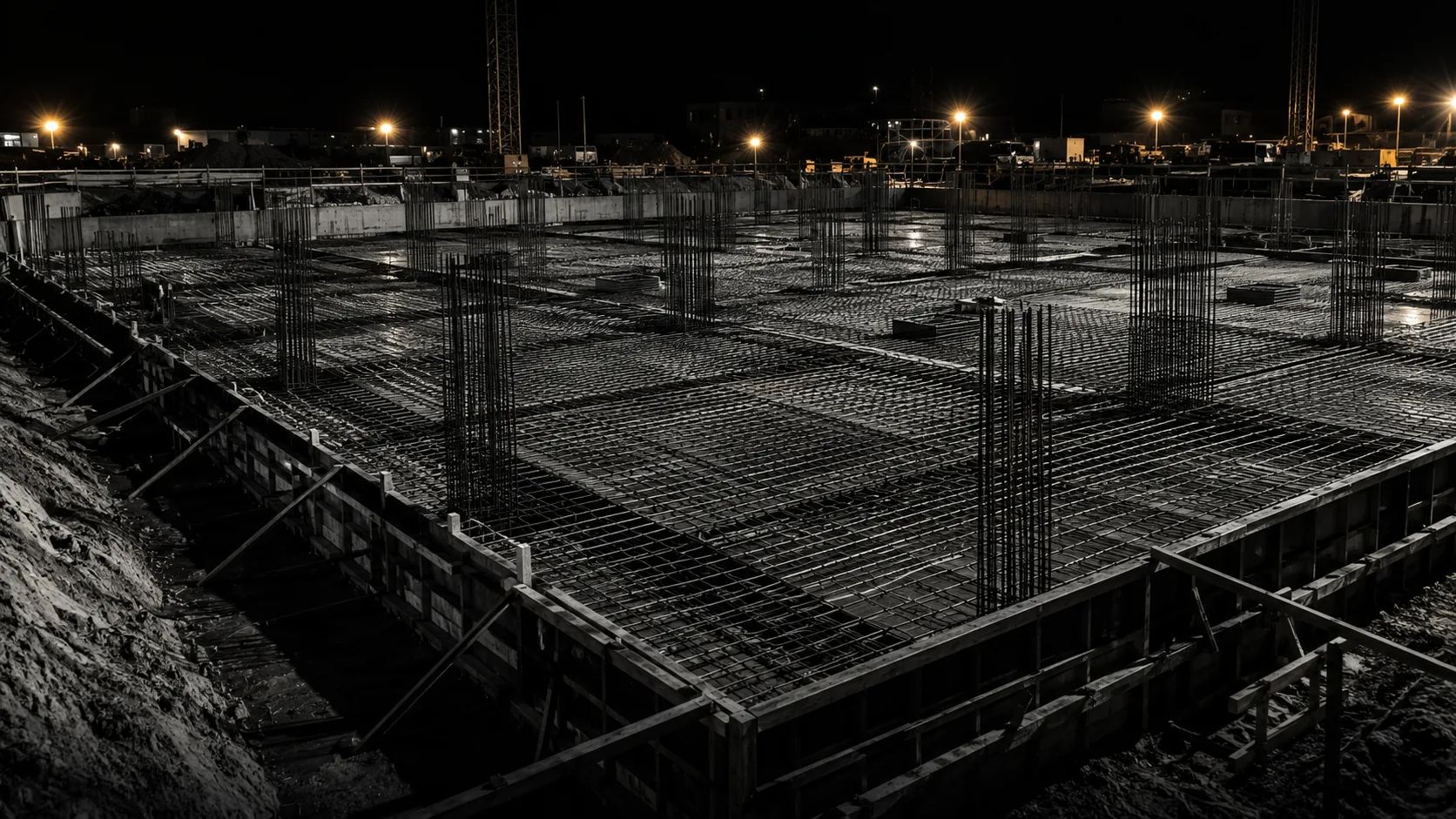 Fundação com malha de armadura em obra noturna organizada